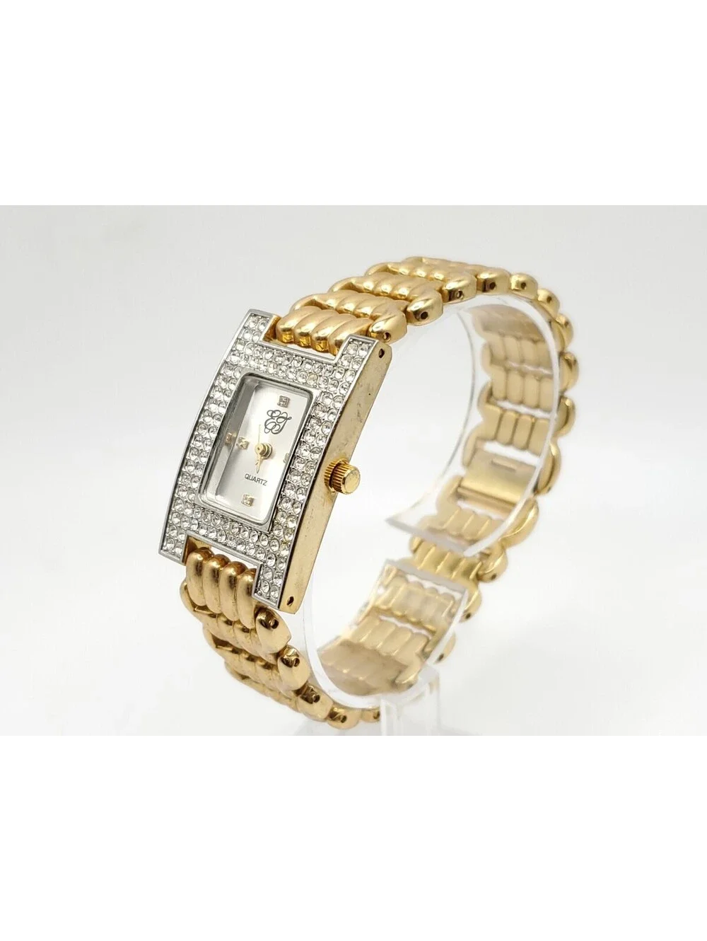 Elizabeth Taylor Womens Watch New Battery Gold Tone Silver Dial Rectangle 22mm
